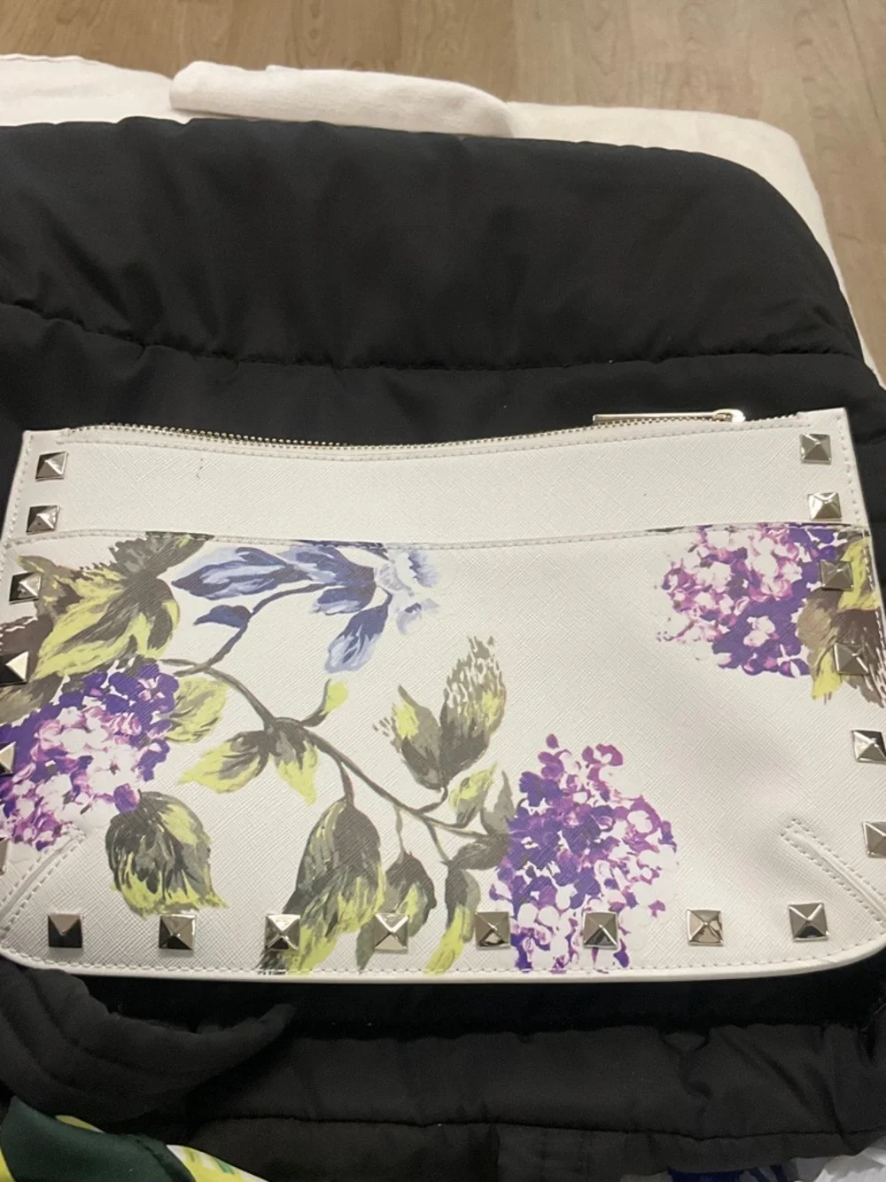White House Black Market White Floral Studded Clutch with Purple and Green Print - Picture 1 of 3